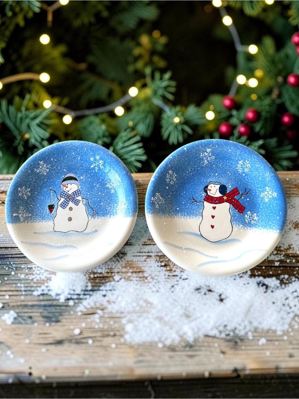 Set of two Christmas snowman plates, holiday decor, St. Nicholas Square